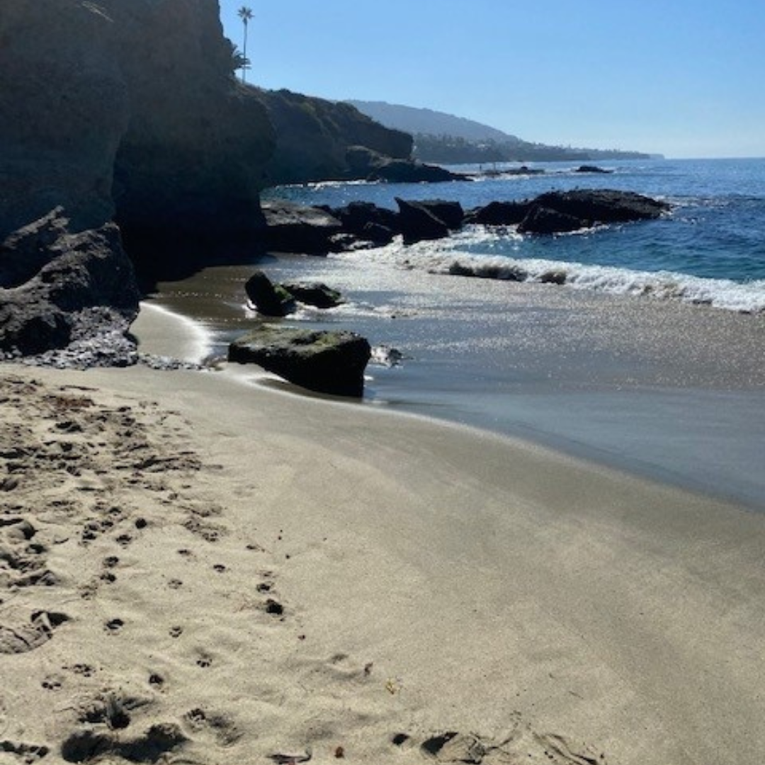 A beach with footprints in the sand near water.