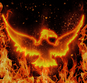 A fiery phoenix rising from blazing flames.